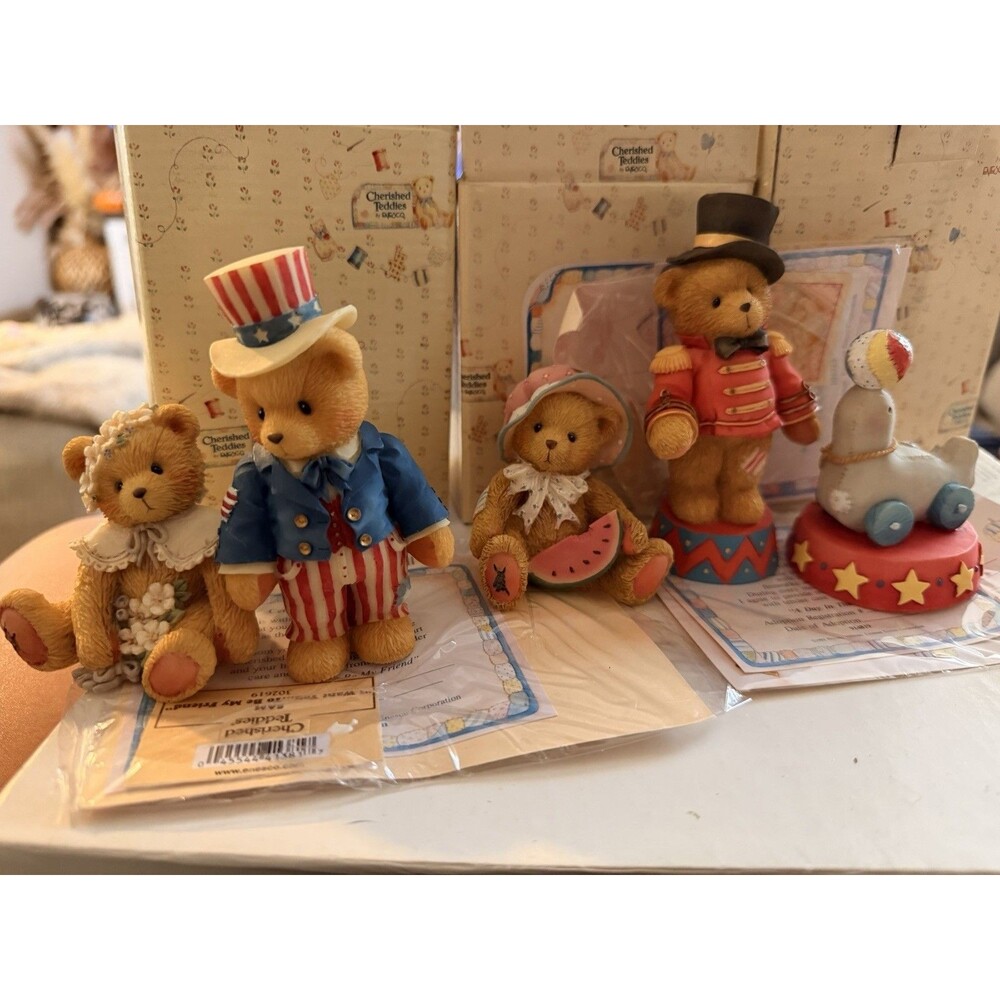 Vintage Lot Of 5 Cherished Teddies May, July & Circus 90s Figurines